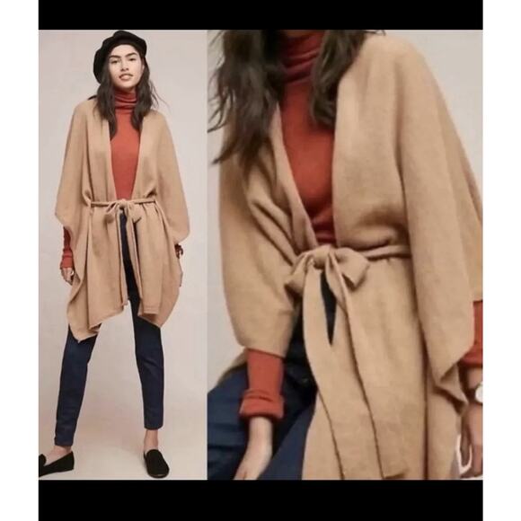 Saturday Sunday Sweaters - Saturday Sunday Anthropologie Lucia Tied Kimono Cape Poncho Sweater Tan 1Size